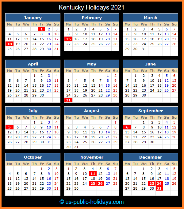 Kentucky Holiday Calendar 2021